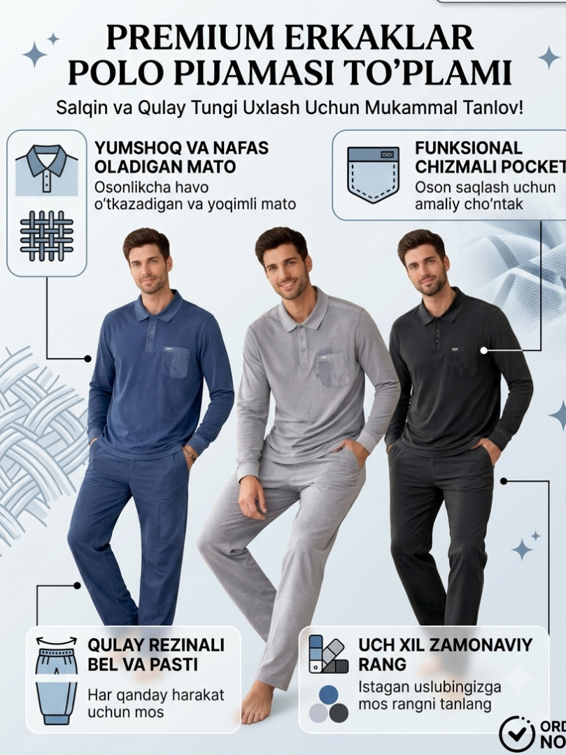Erkaklar uchun yozgi yengil paxtali dvoyka (Polo longsliv va shim) – Uy, dam olish va sport uchun (100% Xlopok)  18835   b.0q.2b.703d