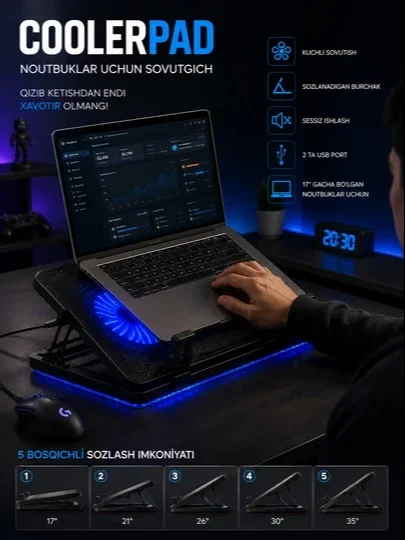 N99 CoolerPad noutbuk sovutgichi, LED yoritgichli, 2 ta USB port, 17 dyuymgacha