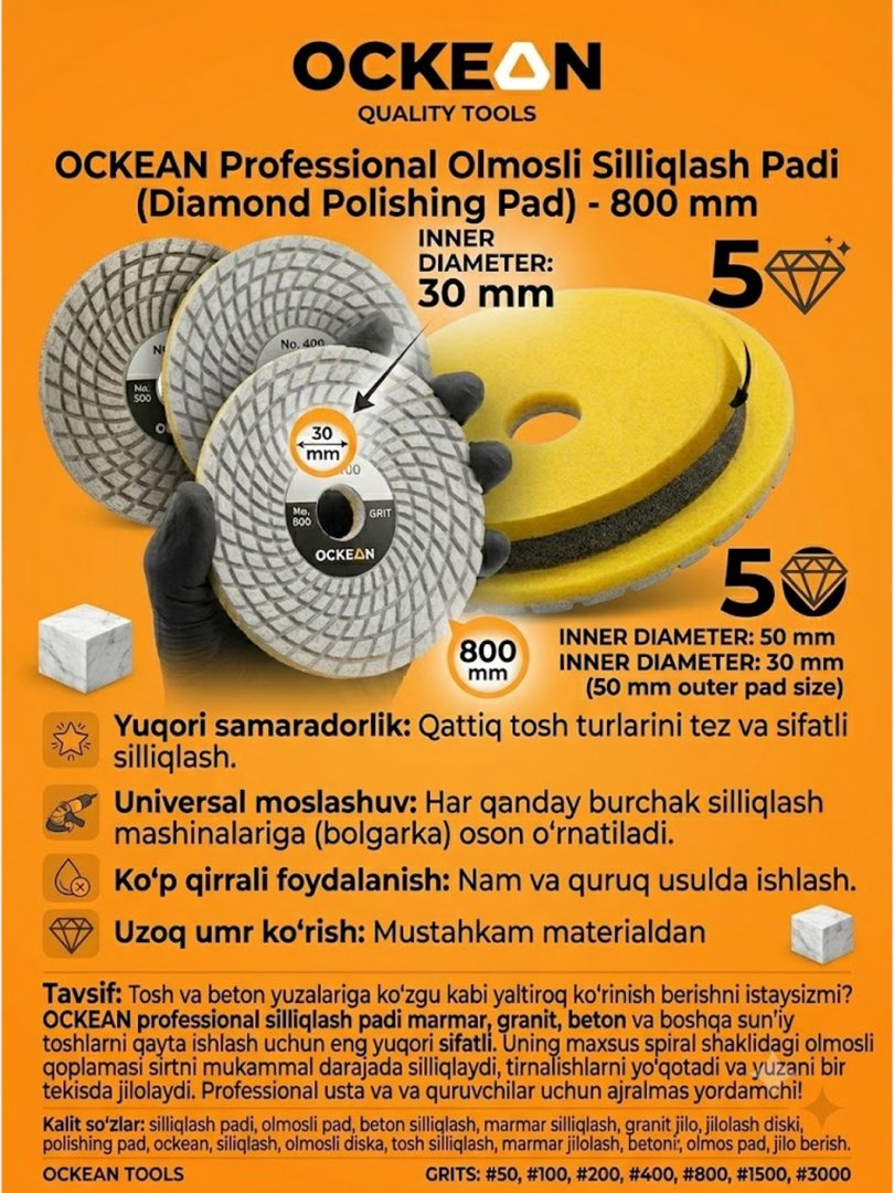 OCKEAN Professional Olmosli Silliqlash Padi (Diamond Polishing Pad)  800 mm  15186