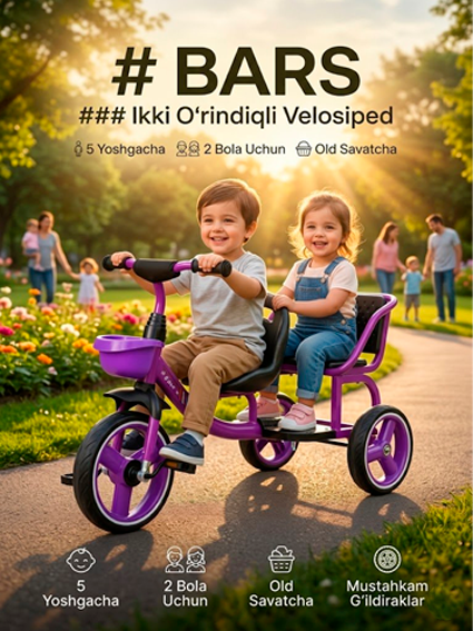 Ikki O'rindiqli Bolalar Uch G'ildirakli Velosipedi — BARS Tricycle | Binafsha | 5 Yoshgacha  14603