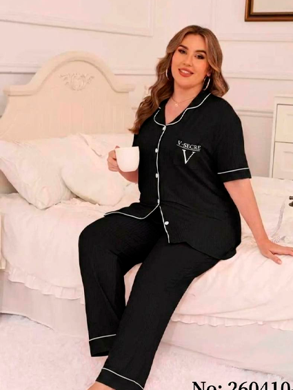 Ayollar uchun klassik pijama komplekti — uy kiyimi, katta o'lchamlar, rib mato    b205d  16417