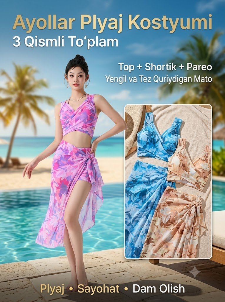 Ayollar plyaj kostyumi, 3 qismli to‘plam (top, shortik va pareo), yozgi ta’til uchun kiyim  b0q703/6d 14615