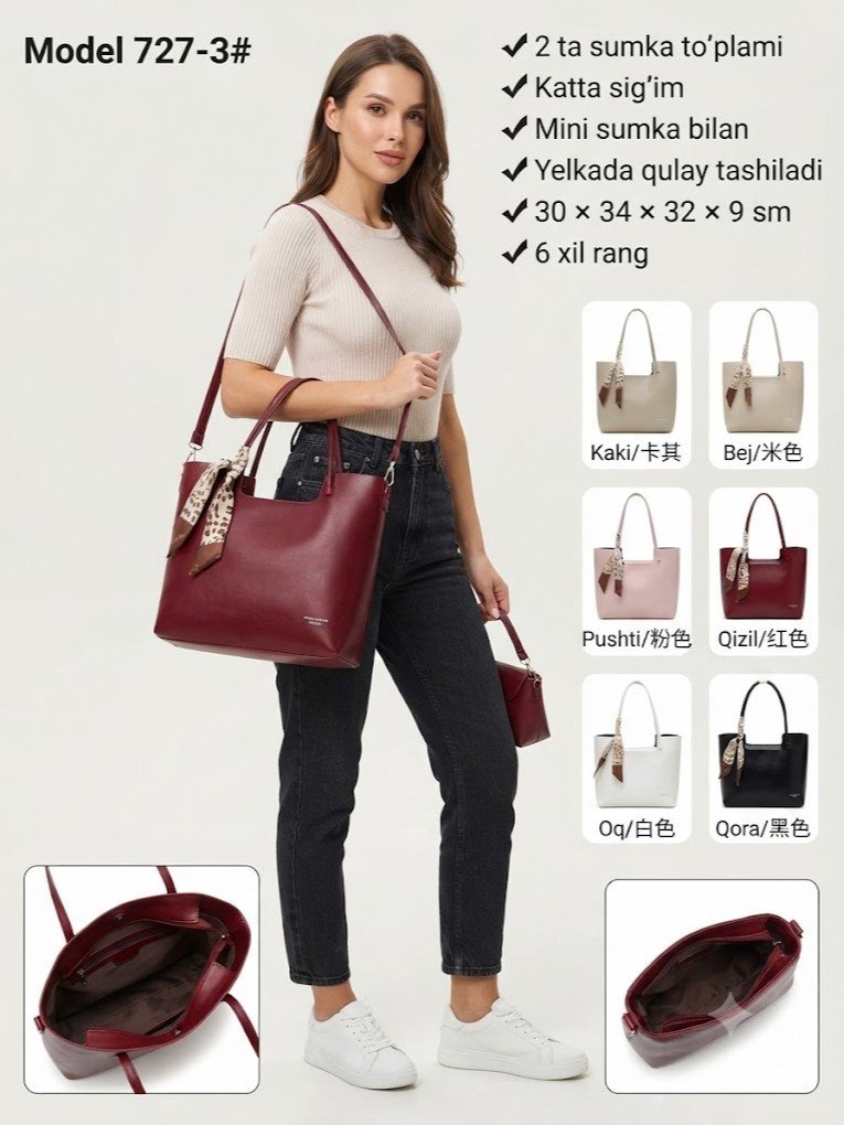 Ayollar uchun charm tote sumka + mini sumka to'plami, sharfli bezak bilan  a1q3b37d