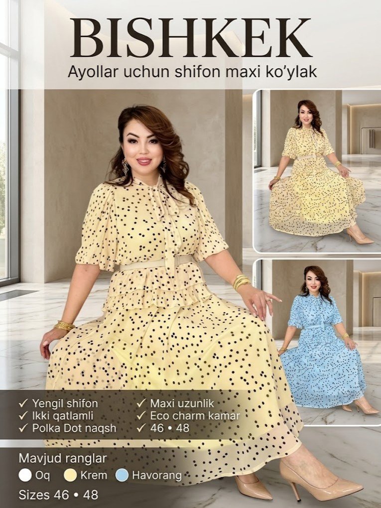 Bishkek ikkilik ayollar ko'ylagi — nafis va zamonaviy uslubdagi shifon ko'ylak, no'xat (gorox) naqshli, tantanali va kundalik kiyinish uchun mo'ljallangan.    b8q368d   17628
