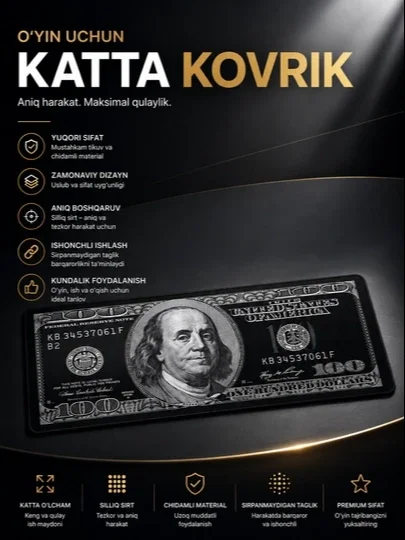 Katta Gaming Mousepad – Sirpanmaydigan, Tezkor Harakat va Yuqori Aniqlik uchun Gilamcha
