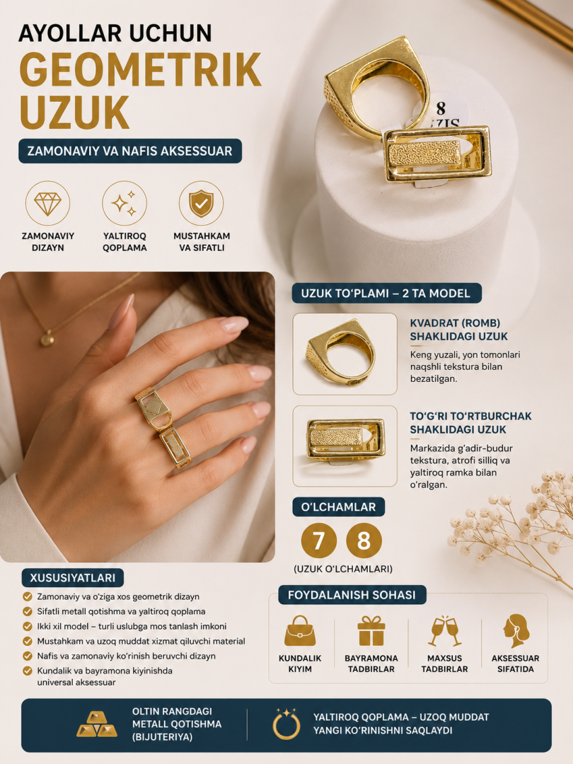 Ayollar uchun geometrik shakldagi zamonaviy uzuk (bijuteriya)  rd  18442