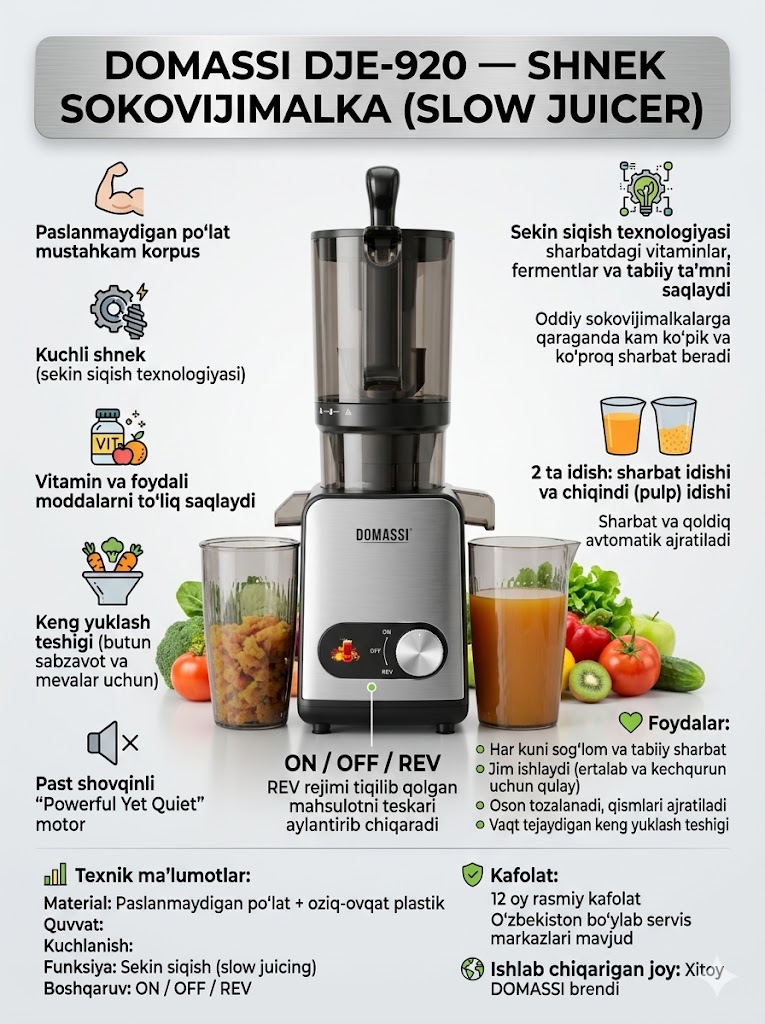 DOMASSI DJE-920 — Shnek Sokovijimalka (Slow Juicer) DOMASSI DJE-920 — Шнек Соковыжималка (Slow Juicer) c1q47d