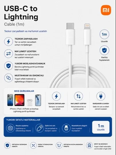 USB-C to Lightning kabel 1 m, tezkor zaryadlash va ma'lumot uzatish kabeli