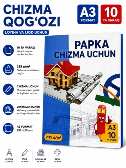 Chizmachilik uchun papka, A4/A3,10 varaq,chercheniya