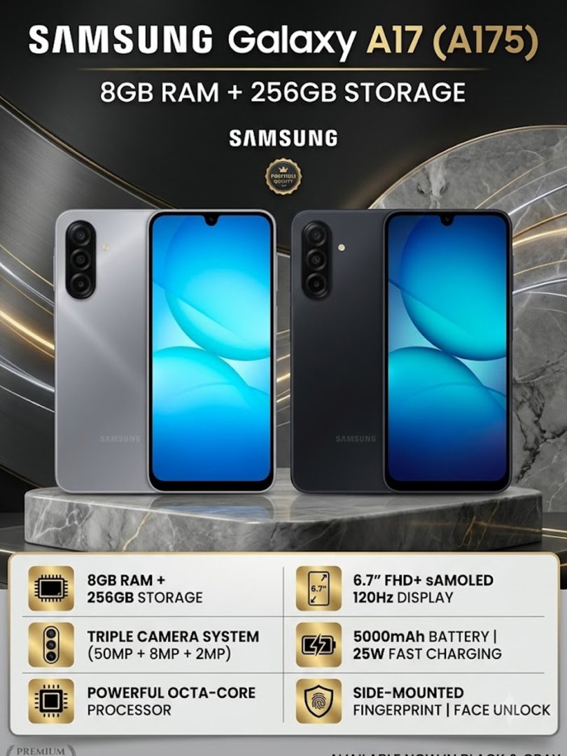 Samsung Galaxy A17 (A175) 8GB + 256GB (Black / Gray) — katta xotira, kuchli unumdorlik va zamonaviy dizaynni o‘zida birlashtirgan smartfon  16256