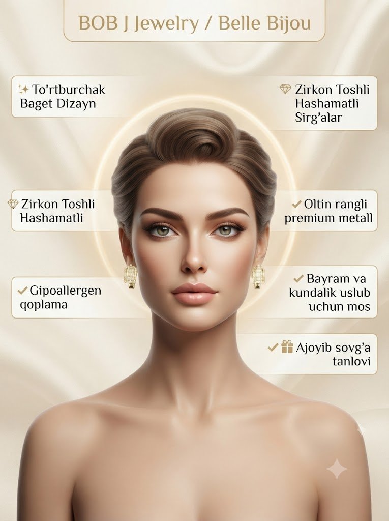 "BOB J Jewelry" / "Belle Bijou" — Ayollar uchun hashamatli sirg'alar, To'rtburchak (Rectangle) Baget Dizayn, Zirkon Toshli     rd  17046