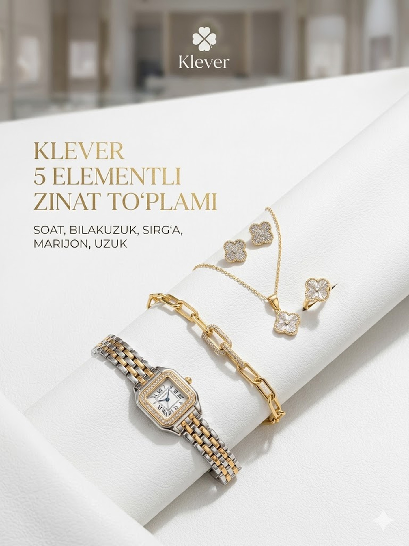 KLEVER 5 ELEMENTLI ZINAT TO‘PLAMI – SOAT, BILAKUZUK, SIRG‘A, MARJON, UZUK     opf14d