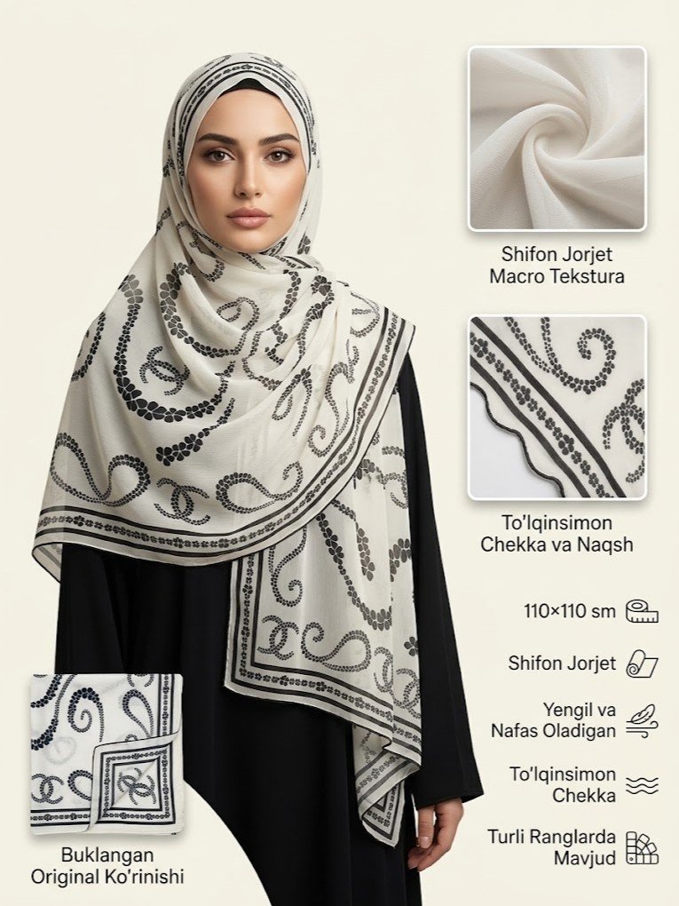 Krem-oq rangli gulli ro'mol - Shifon jorjet, 110x110 sm   adq9d  17385