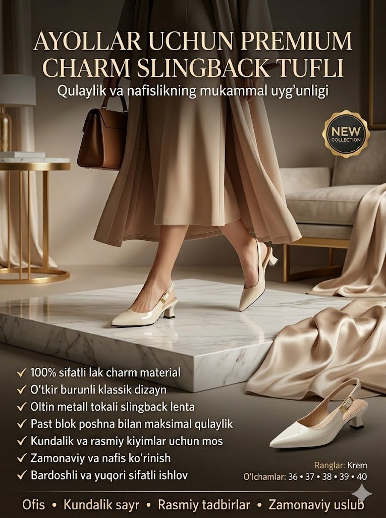 Ayollar charm slingback tufli | O'tkir burunli | Past poshna | Krem, Qora, Jigarrang | 36-40 o'lcham  b2q3b703/7d 14517