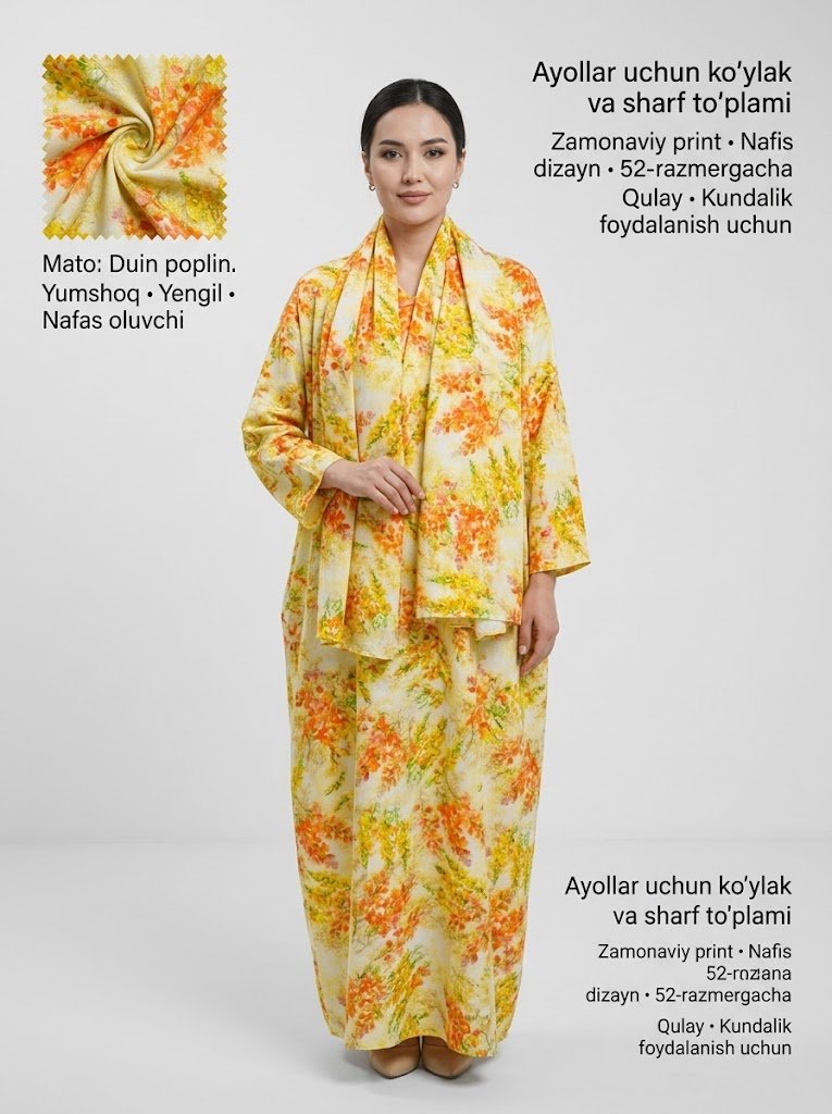 Ayollar uchun ko‘ylak va sharf to‘plami – Duin poplin matosi, 52-razmerga   15768cha, zamonaviy printli dizayn  15767
