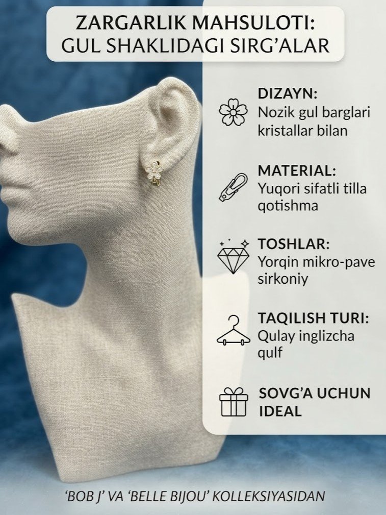 "BOB J Jewelry" / "Belle Bijou" — Ayollar uchun nafis sirg'alar, Beshbargli Gul (Flower) Dizayn, Zirkon Toshli   17039