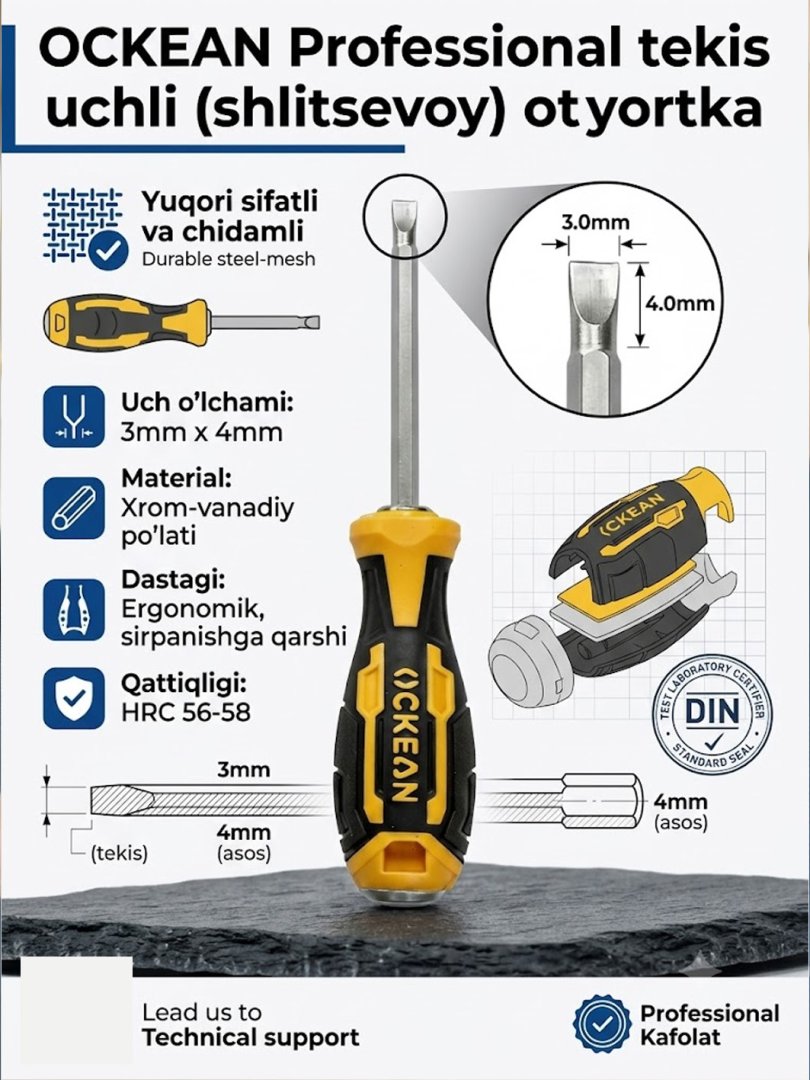 OCKEAN Professional tekis uchli (shlitsevoy) otvyortka – Yuqori sifatli va chidamli  16204