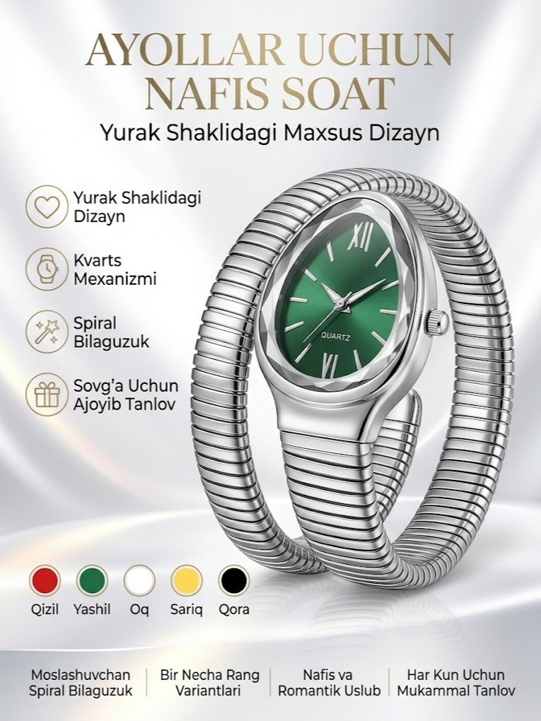 Ayollar soati — yurak shaklidagi doira, ilonsimon (o'ralib turuvchi) kumush rangli bilaguzuk    16965