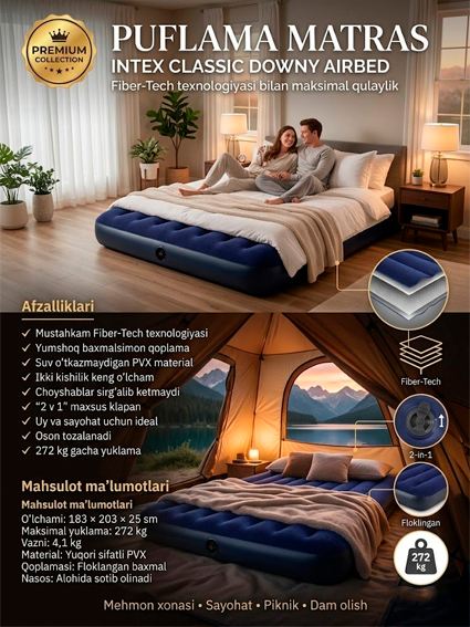 Intex 64755 Classic Downy Airbed Fiber-Tech Puflama Matrasi (183х203х25 sm)  14539