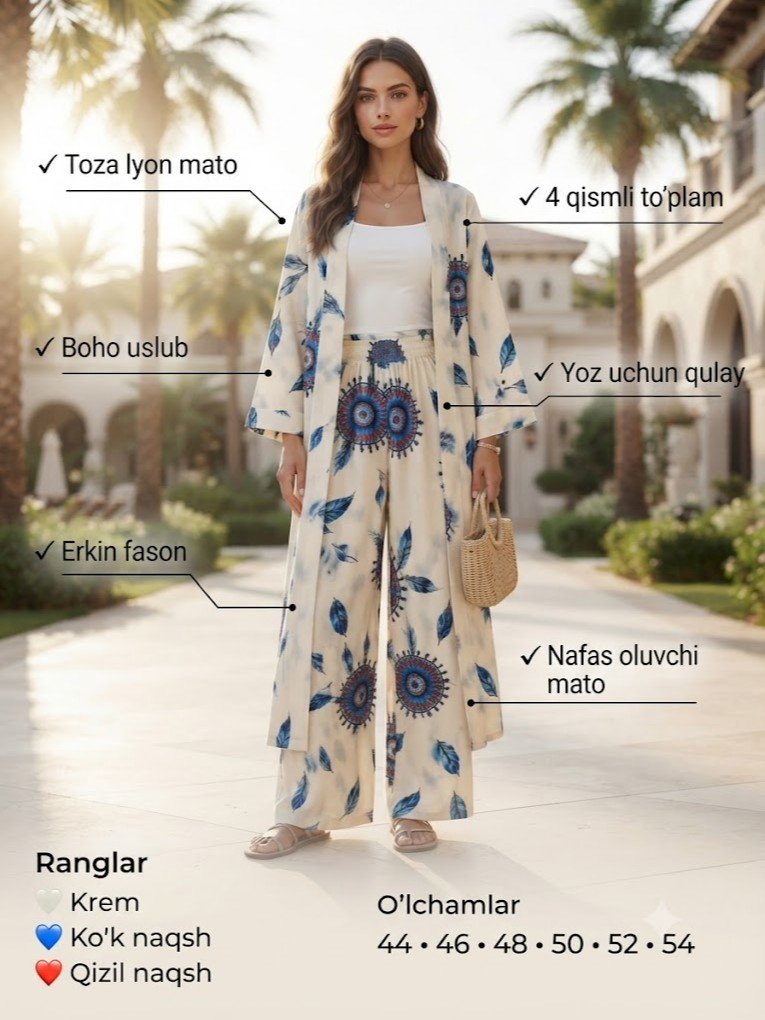 Boho uslubidagi ayollar to'plami — Abaya + shim + top + kamar   b11q620d  18203