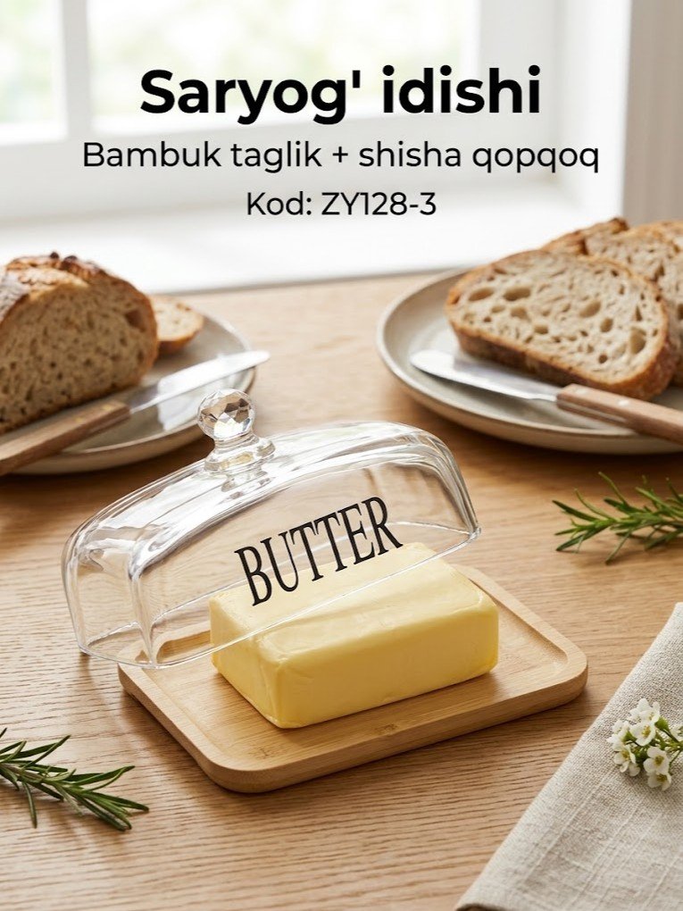 Saryog' idishi — bambuk taglik va shisha qopqoqli, "BUTTER" yozuvli     c1q707d   17596