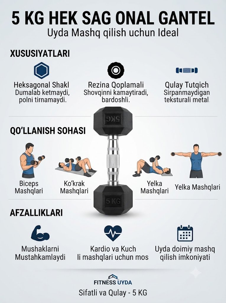 Professional Heksagonal Gantel 5 kg – Uy va Zal uchun Sport Inventari  16964