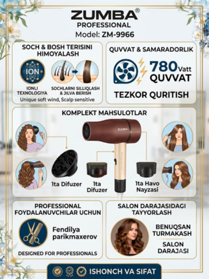 Zumba Professional ZM-9966 Soch Quritgichi – Nozik sochlarga professional g‘amxo‘rlik!  17171