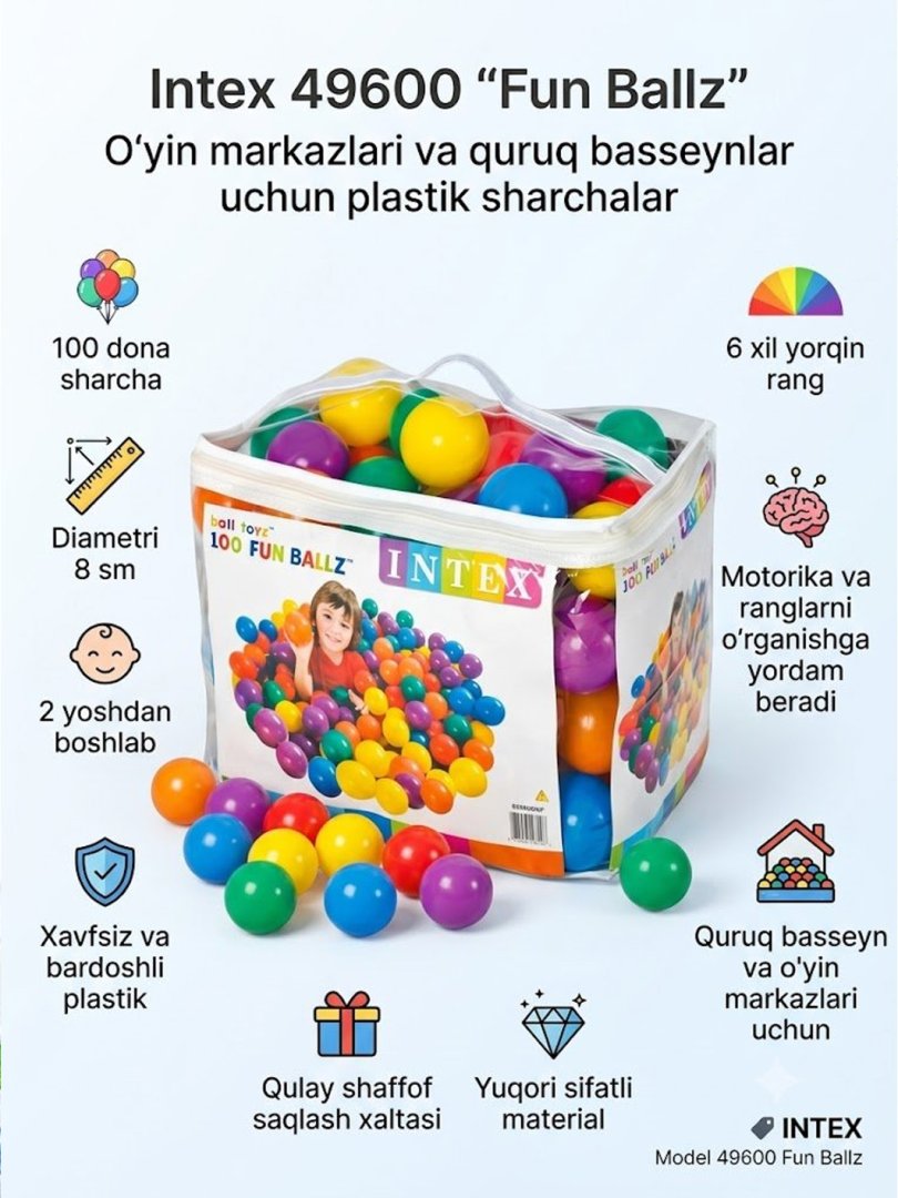 Intex 49600 "Fun Ballz" o‘yin markazlari va quruq basseynlar uchun plastik sharchalar (100 dona)  14638
