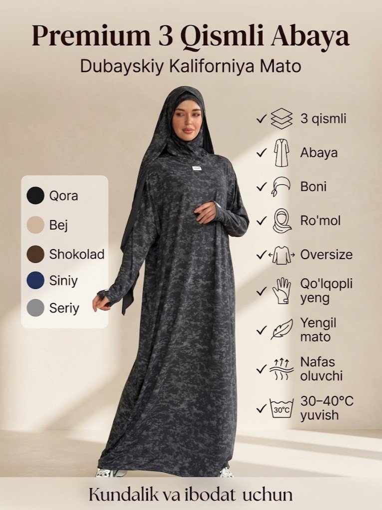 Trenddagi uch qismlik kiyim to‘plami (Abaya ko‘ylak, boni va ro‘mol)    b8q3b564d   17349