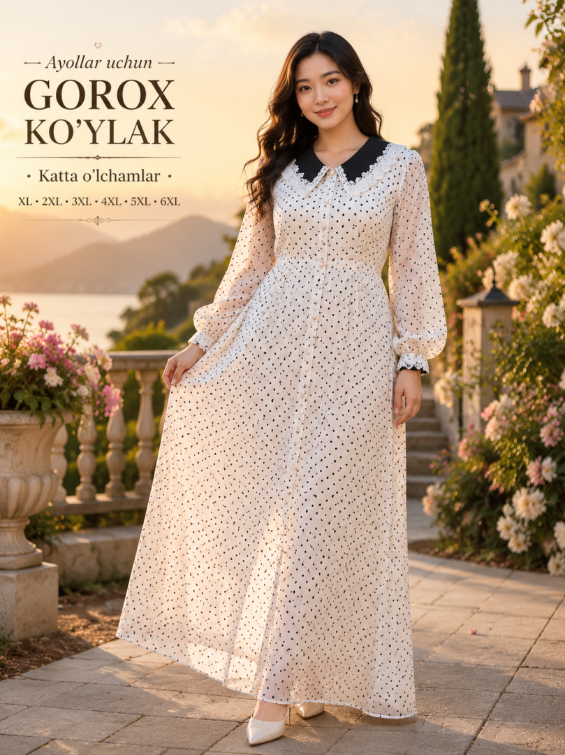 Ayollar uchun uzun ko'ylak — gorox naqshli, dantelli kontrast yoqa bilan (katta o'lchamlar)  b5q86d   17784