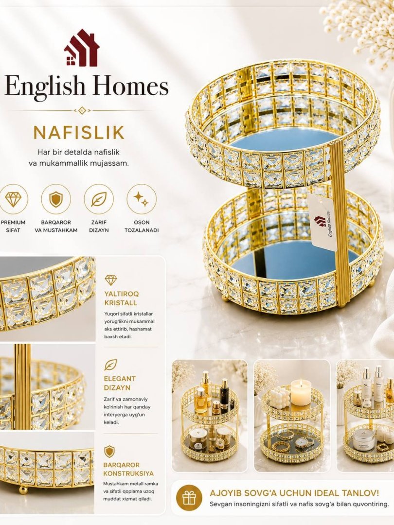 ENGLISH HOMES Original Oval Shaklidagi Kristalli Ikki Qavatli Hashamatli Kosmetika va Aksessuar Organizatori   19433   o.p.p15p