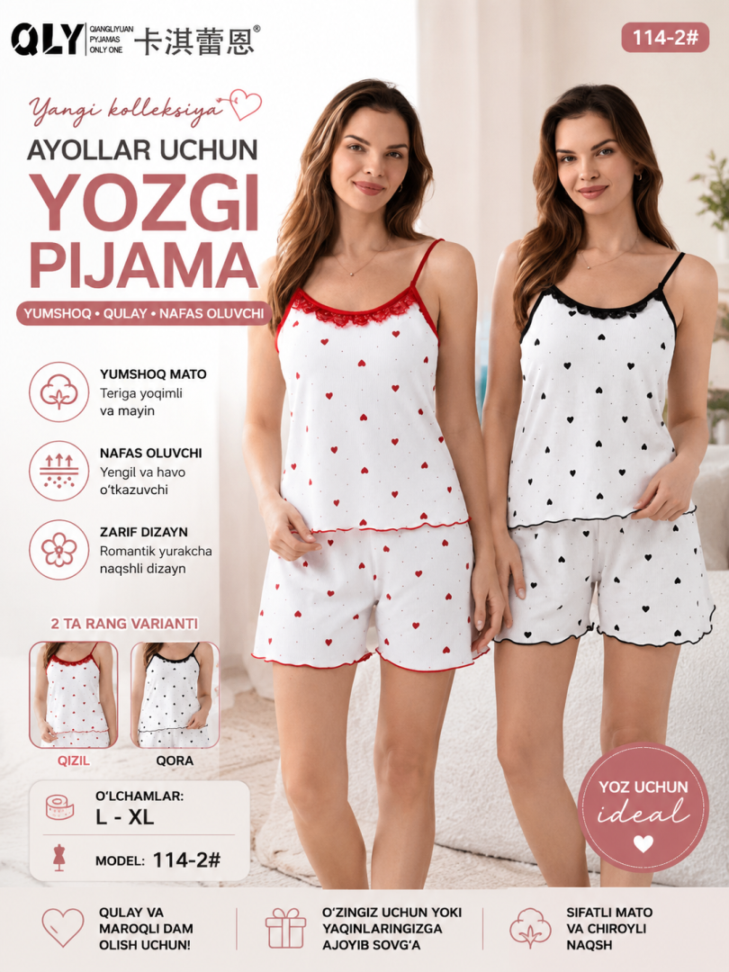 Ayollar uchun yurakcha naqshli pijama komplekti — uy kiyimi, rib mato, ingichka tasmali  b205d  16407