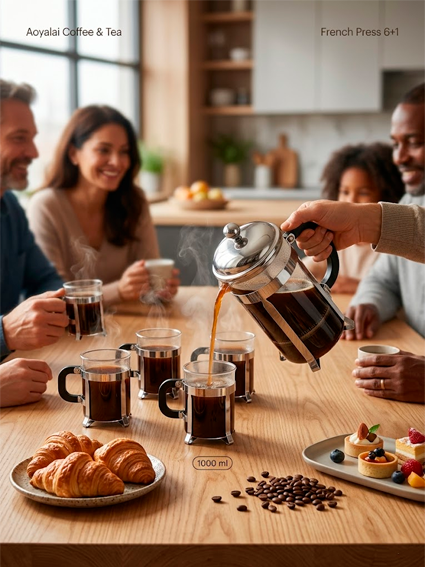 French Press va piyolalar to'plami — 6+1 | Aoyalai Coffee & Tea   French Press ва пиёлалар тўплами — 6+1 | Aoyalai Coffee & Tea