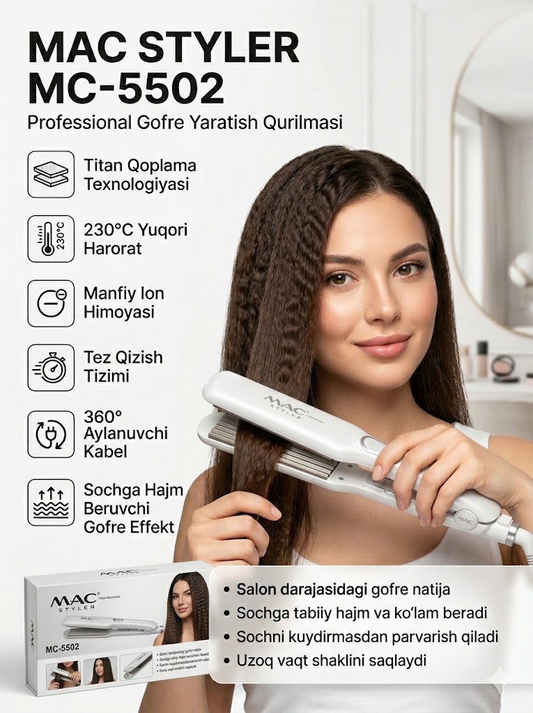 MAC STYLER MC-5502 Titanium Crimper Pro 230 — Professional Gofre Moslama AL
