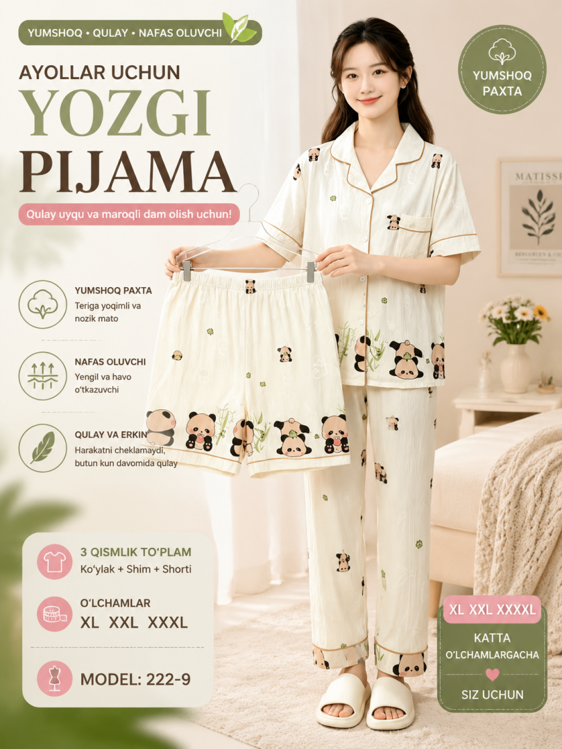 Ayollar uchun panda naqshli pijama komplekti — uy kiyimi, paxta material, 3 dona, katta o'lchamlar   b205d  16405