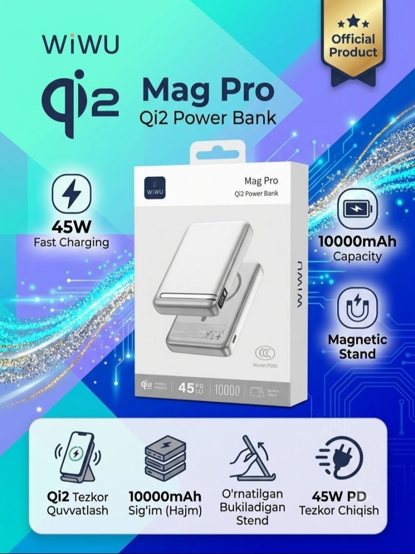 WiWU P90 MAG PRO Qi2 25W 10000 mA·soat magnitli Power Bank, 45W PD, USB Type-C (Model: 1112)