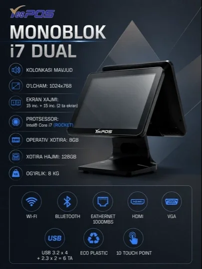 Yes POS Monoblok i7 Dual, 8GB RAM, 128GB