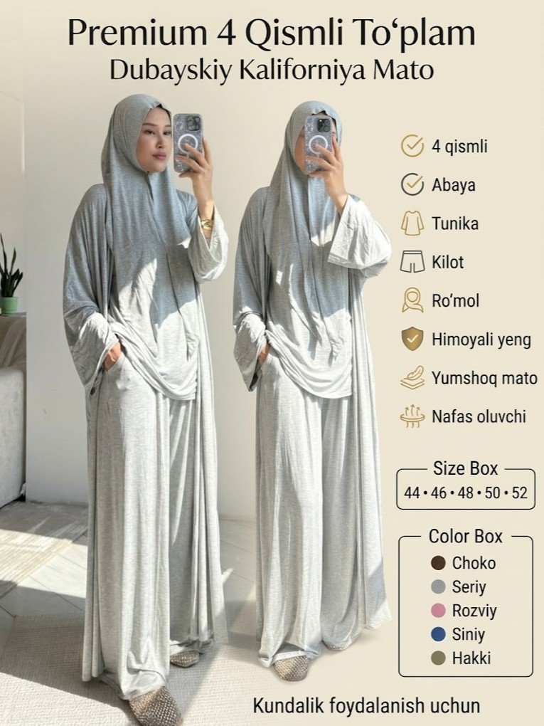 Mavsum xiti — To‘rt qismlik kiyim to‘plami (Abaya, kilot, tunika va ro‘mol)  b8q3b564d  17350