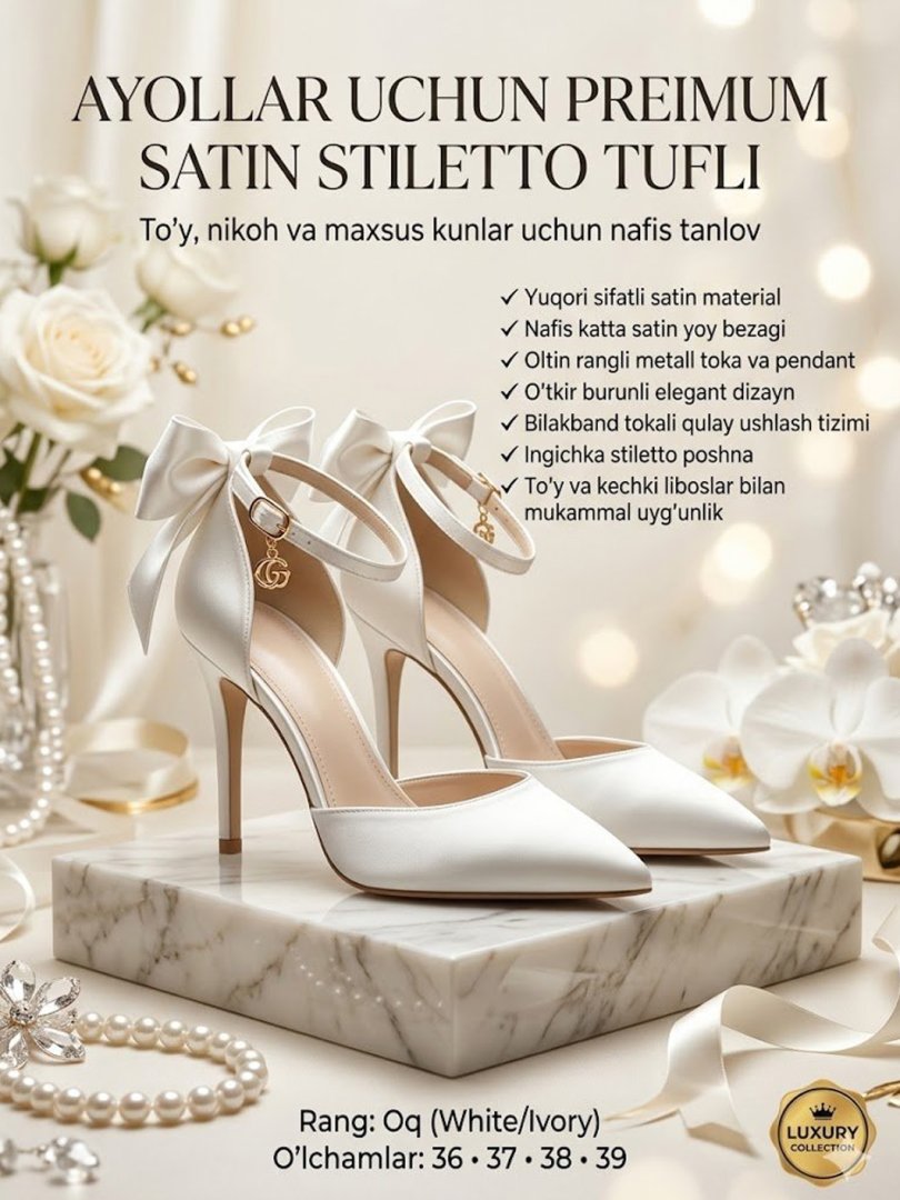 Ayollar stiletto tufli | Satin yoy bezakli | Bilakband tokali | Oq | 36-39 o'lcham  b3q2b703/6d  14514