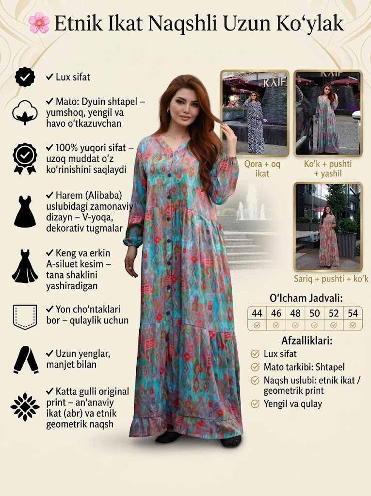 Etnik ikat naqshli uzun ko'ylak (Shtapel matosidan)       Q564D  16690