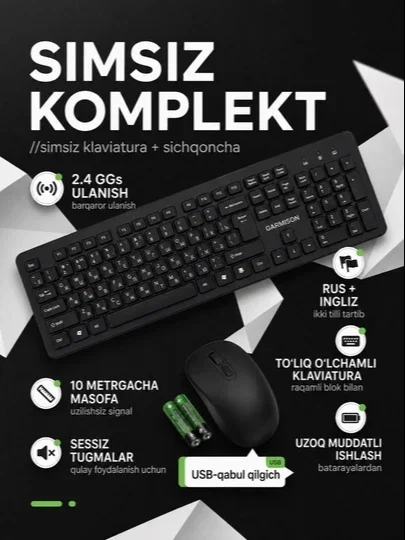 Kompyuter va noutbuk uchun simsiz klaviatura va sichqoncha rus va ingliz tillida