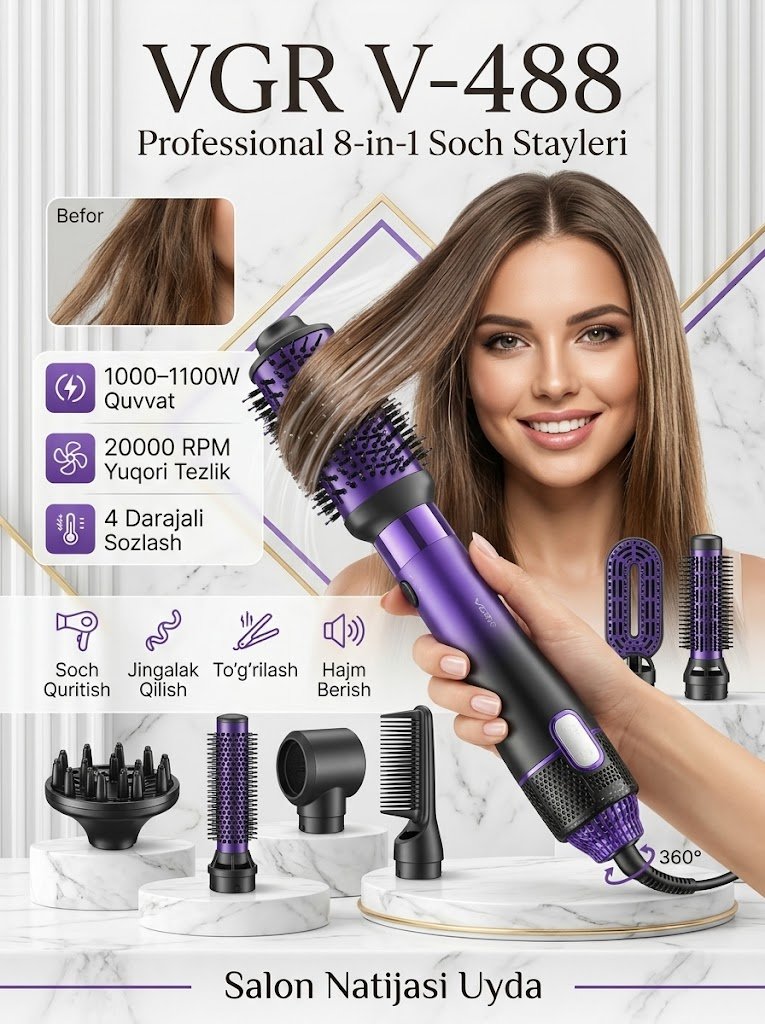 VGR V-488 Professional 8-in-1 Issiq Havoli Soch Stayleri  al 15846