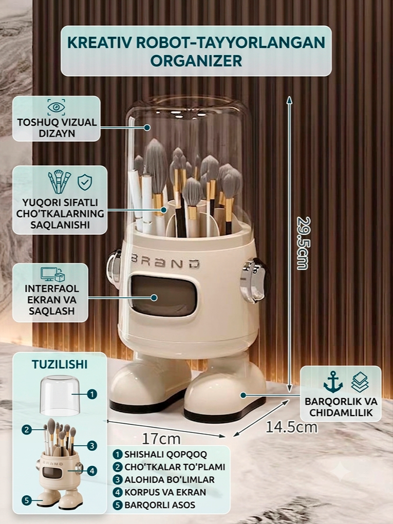 Makiyaj cho'tkalari va kosmetika uchun robot shaklidagi 360° aylanuvchi organayzer — Shaffof changdan himoya qopqoqli (29.5 × 17 cm) c.2q.23d 18436