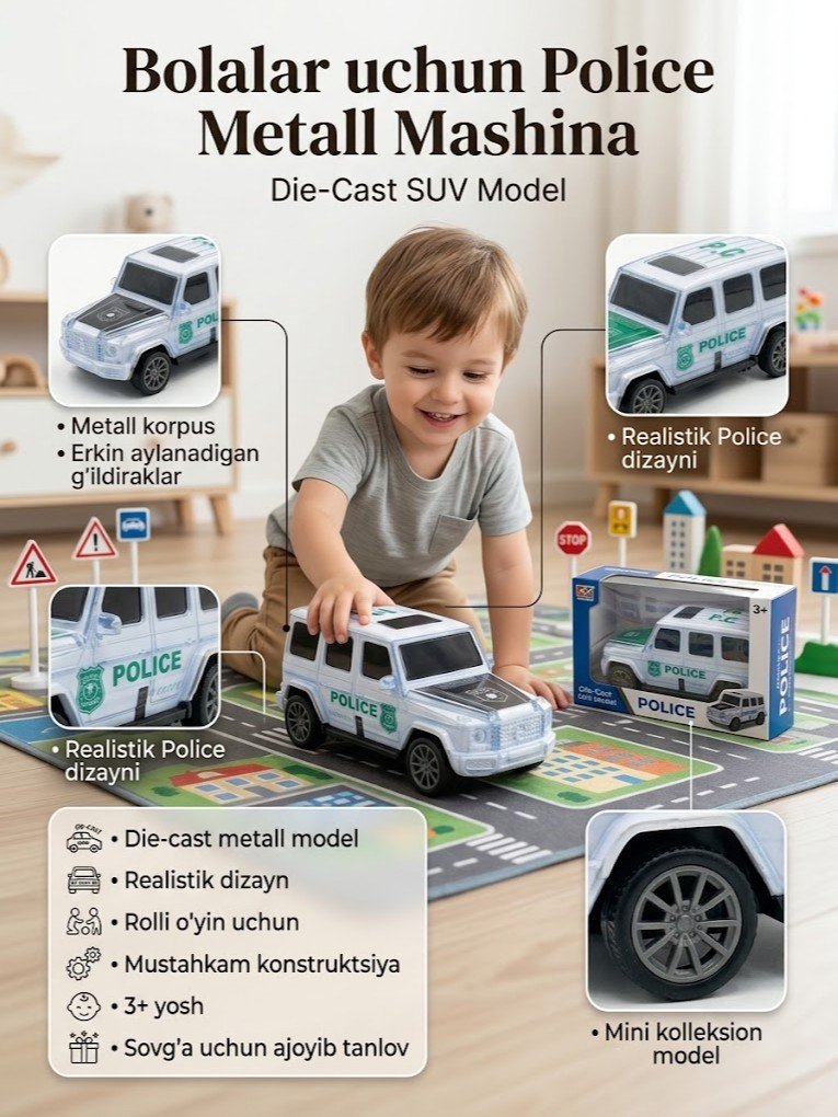 Politsiya mashinasi o'yinchoq — metall model (Jeep/Gelendvagen ko'rinishida)     g103d    17474