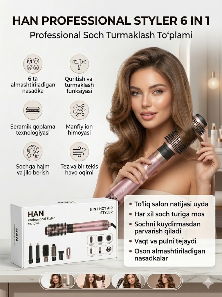 HAN Professional Styler 6 in 1 — Professional Soch Turmaklash To'plami AL
