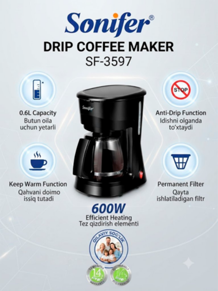 Sonifer SF-3597 tomchili qahva qaynatgichi (drip coffee maker), 0.6L hajmli, 600 Vt quvvat   17132