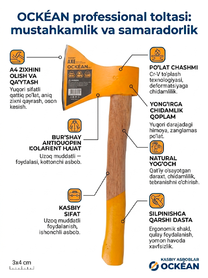Ockean Premium Hand Axe  – Yuqori sifatli qo‘l boltasi yog'och dastali 1000g  381320   15115