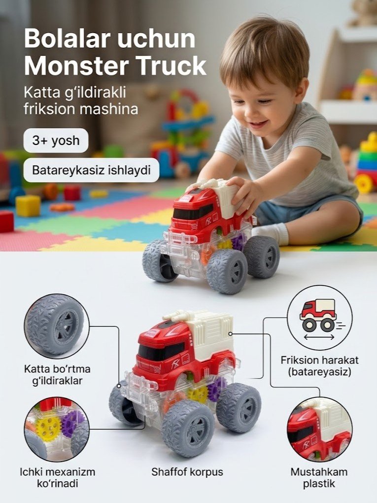 Bolalar uchun monster tryak o'yinchoq — friksion mashina (katta g'ildirakli)    g103d    17445
