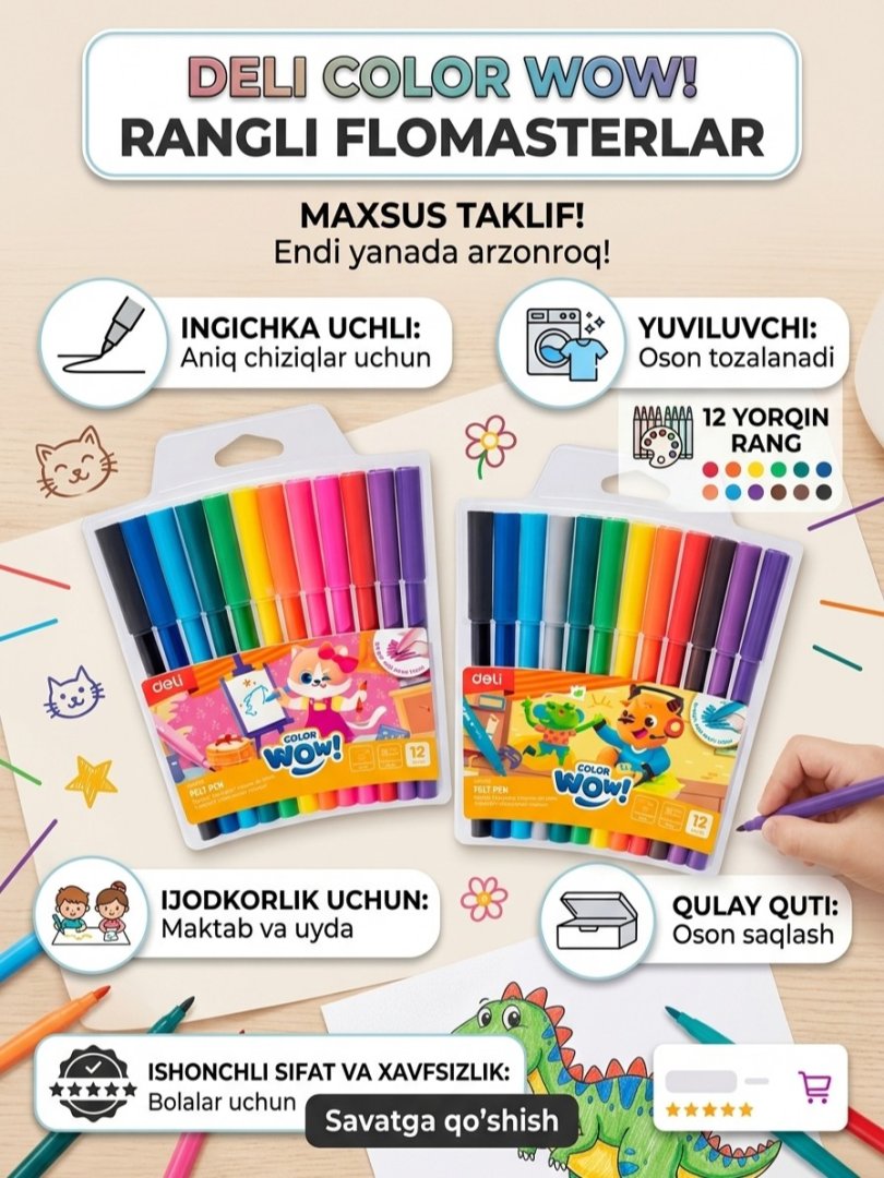 Yuviladigan COLORWOW flomasteri! 12-rangli, Deli EC165-12