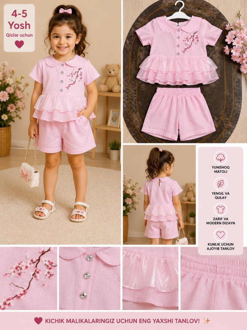 Qizlar uchun nafis sakura gulli ikkitalik kiyim to'plami. b11q482d